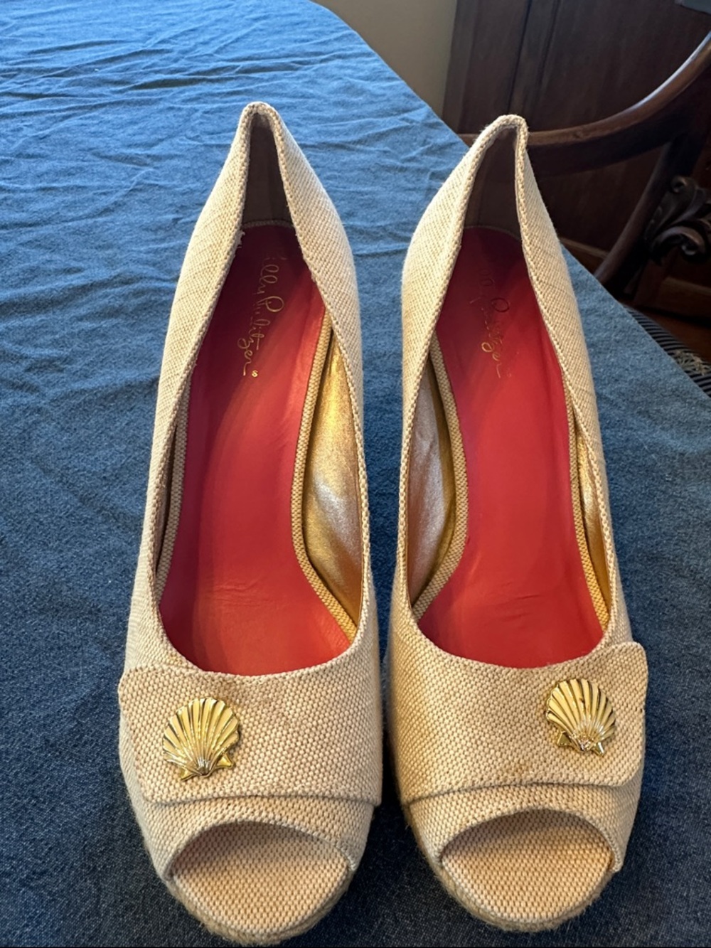 Lilly Pulitzer Beige Woven Peep-Toe Wedges with Gold Shell Accent